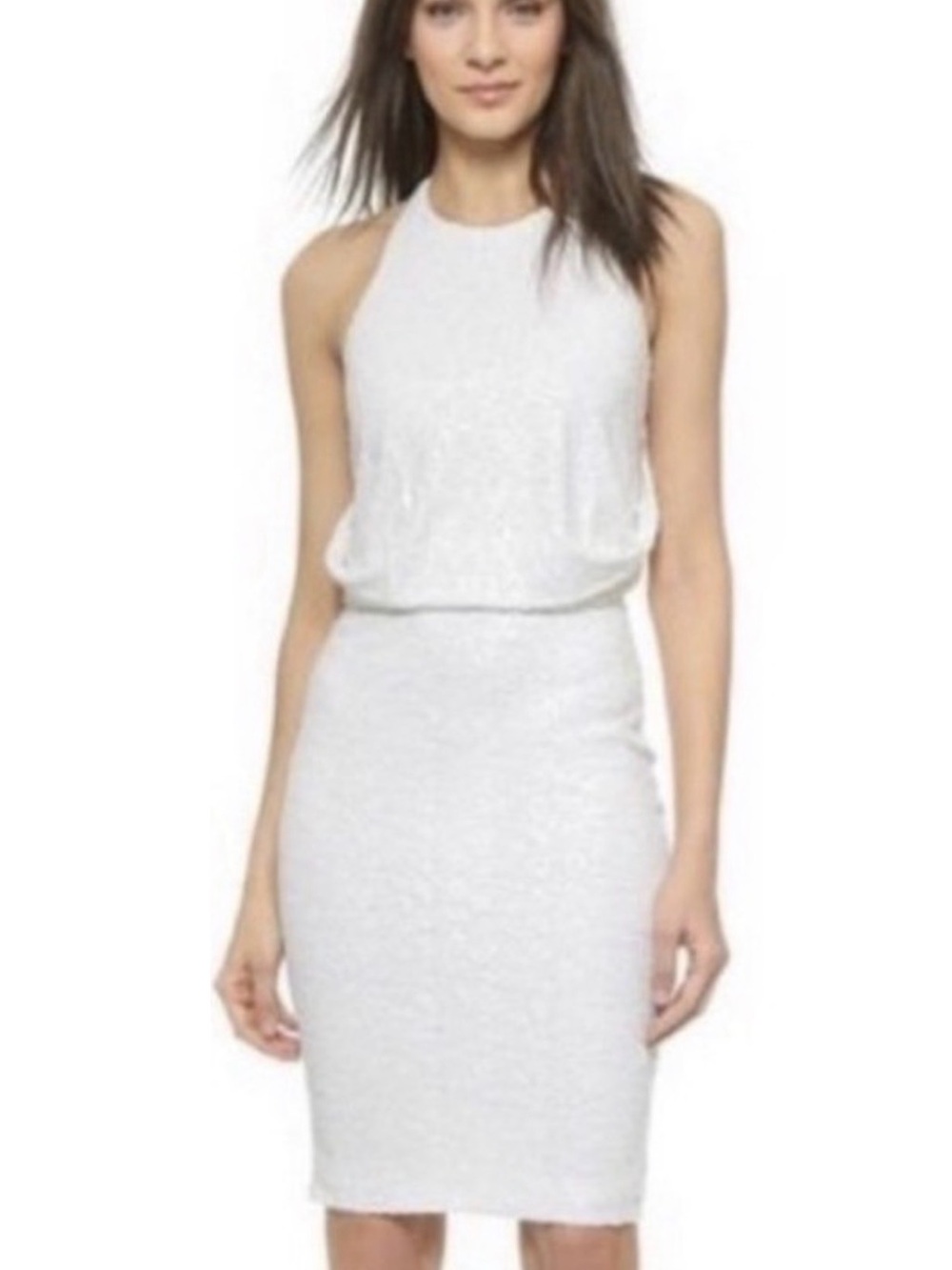 Badgley Mischka Maria Halter Sequin White Dress EUC